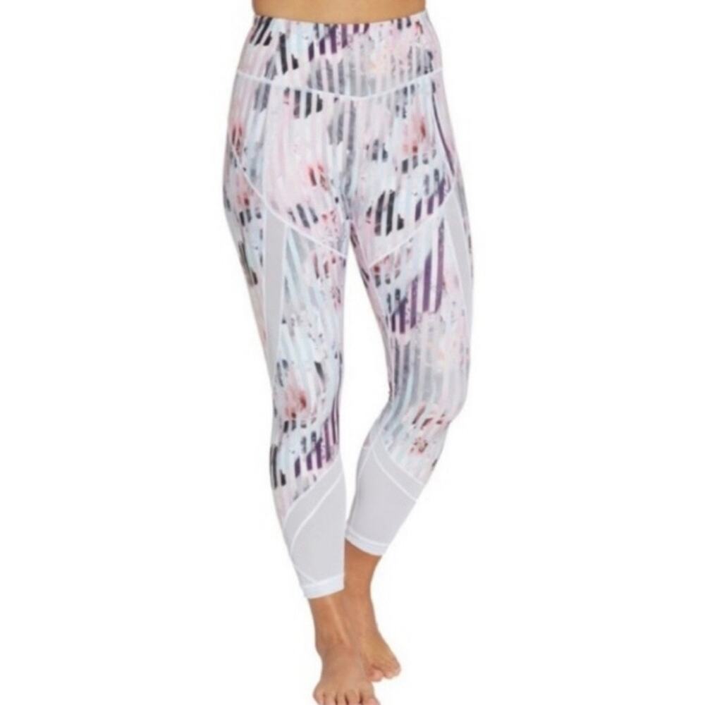 CALIA by Carrie Underwood | Pink Luster Stripe Floral Mesh Hem Leggings